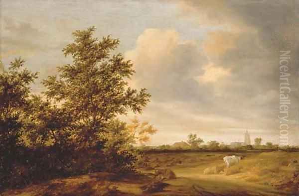 A wooded landscape with cattle, a church beyond Oil Painting by Salomon van Ruysdael