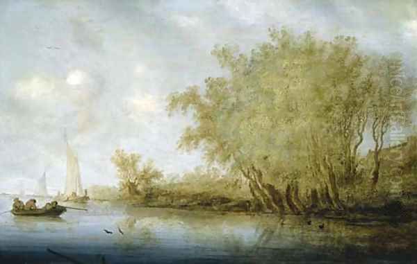 A wooded river landscape with duck hunters in the foreground and sailing boats beyond Oil Painting by Salomon van Ruysdael