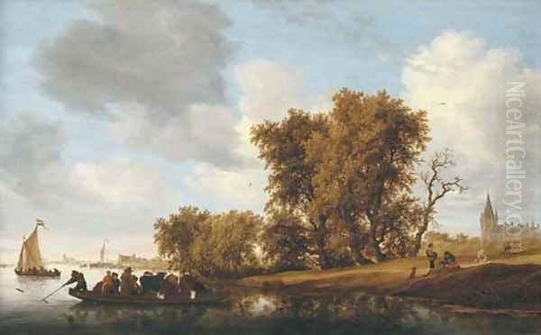 A wooded river landscape with figures on a bank awaiting the approach of a ferry Oil Painting by Salomon van Ruysdael