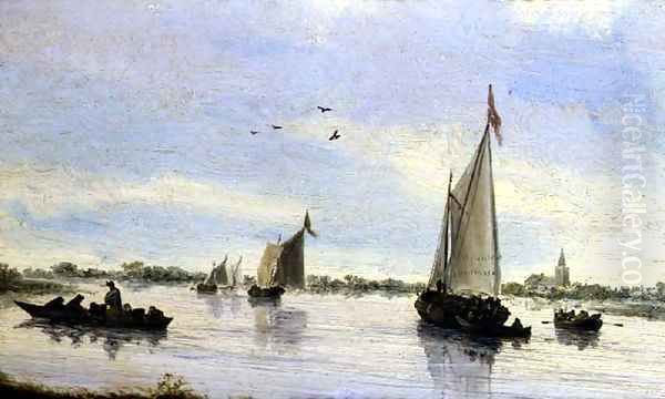 Sailing Boats on a River Oil Painting by Salomon van Ruysdael