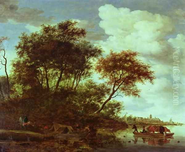 Wooded River Landscape with Cattle on a Ferry Oil Painting by Salomon van Ruysdael