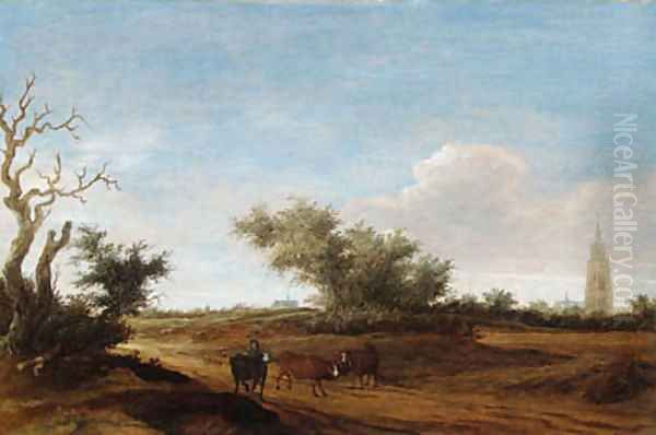 A landscape with a shepherd and cattle on a path Oil Painting by Salomon van Ruysdael