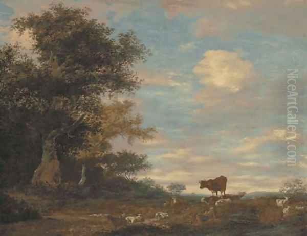 A shepherd and his dog resting in a wooded landscape Oil Painting by Salomon van Ruysdael