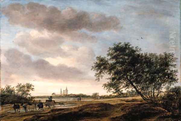 An extensive landscape with a drover and cattle on a path, Egmond Abbey beyond Oil Painting by Salomon van Ruysdael