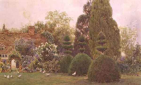 Chickens in a garden Oil Painting by Ernest Arthur Rowe