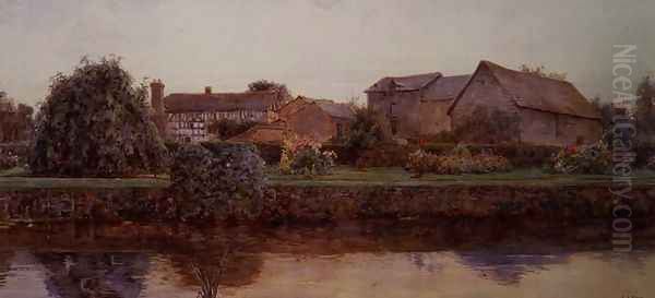 A House and Farm Buildings by a River Oil Painting by Ernest Arthur Rowe