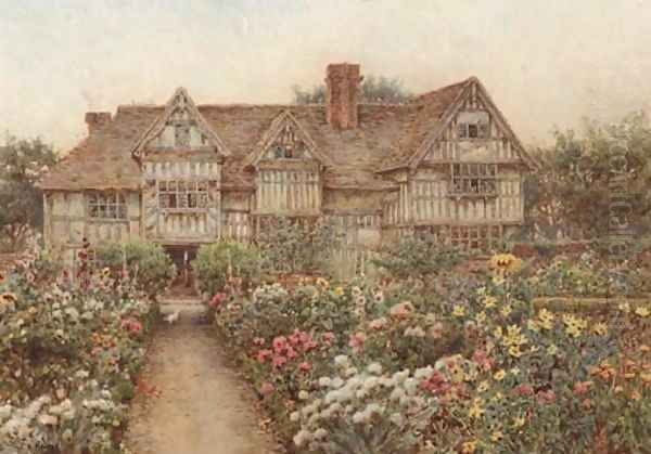 A formal garden before an Elizabethan manor house, thought to be Rumwood Court, Langley, Kent Oil Painting by Ernest Arthur Rowe