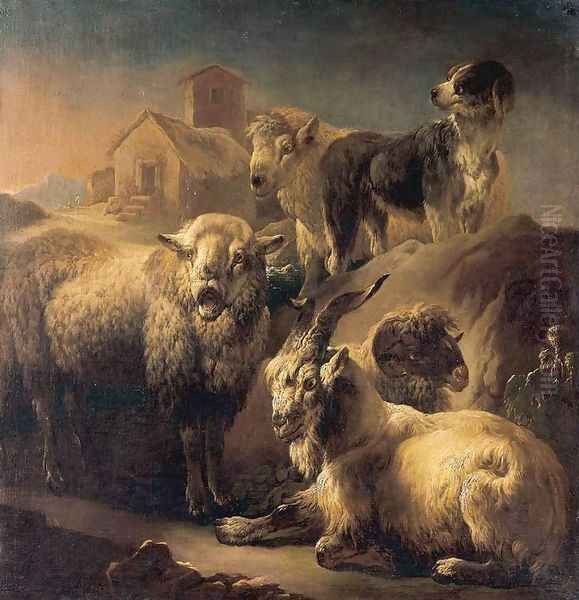 A Goat, Sheep and a Dog Resting in a Landscape Oil Painting by Philipp Peter Roos