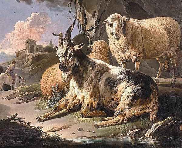 Italianate Landscape with a Goat and Sheep Oil Painting by Philipp Peter Roos