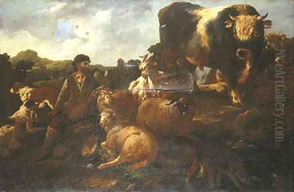 A peasant surrounded by dogs, sheep, a bull and other animals within a landscape Oil Painting by Philipp Peter Roos