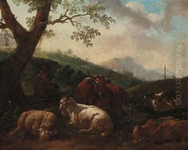 A drover resting with a cow, sheep and dog in a landscape Oil Painting by Philipp Peter Roos