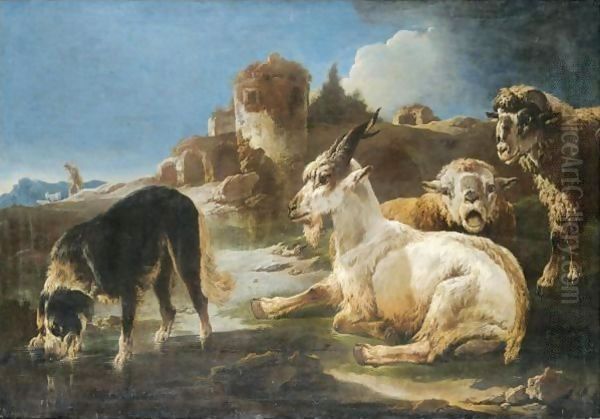 A dog drinking at a pool by sheep and a goat, a shepherd and a ruin beyond Oil Painting by Philipp Peter Roos