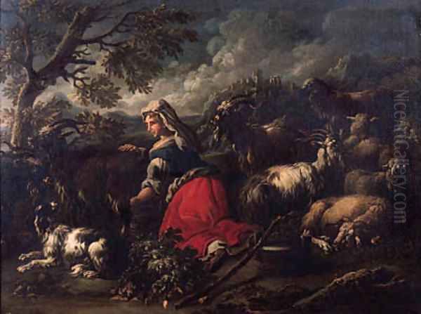 A milkmaid with goats, sheep and a dog, in an Italianate landscape Oil Painting by Philipp Peter Roos