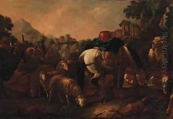 A drover with a bull, sheep, goats and a packhorse at a fountain in a mountainous landscape Oil Painting by Philipp Peter Roos