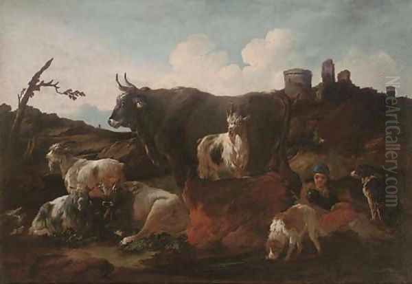 A shepherd with cattle and dogs by ruins in an Italianate landscape Oil Painting by Philipp Peter Roos