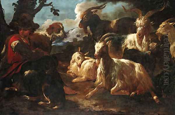 A young goatherd with two dogs and six goats in an Italianate landscape Oil Painting by Philipp Peter Roos