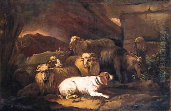 Sheep, a goat, rams and a spaniel resting by a stone wall in an Italianate landscape Oil Painting by Philipp Peter Roos