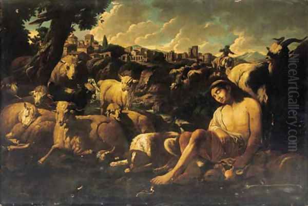 A shepherd in an Italianate landscape Oil Painting by Philipp Peter Roos