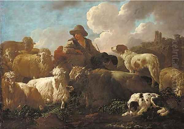 A shepherd resting with sheep, goats and dogs before a hillside town Oil Painting by Philipp Peter Roos