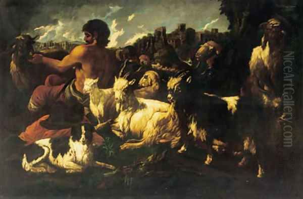 A goatherd in an Italianate landscape Oil Painting by Philipp Peter Roos