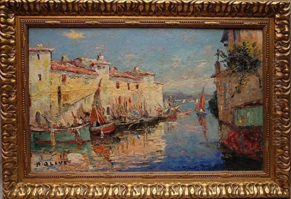 French Dock Oil Painting by Jean-Baptiste Olive