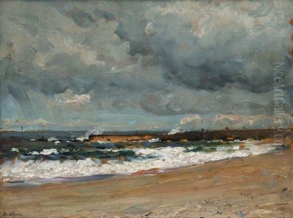 Vagues Sur La Plage. Oil Painting by Jean-Baptiste Olive