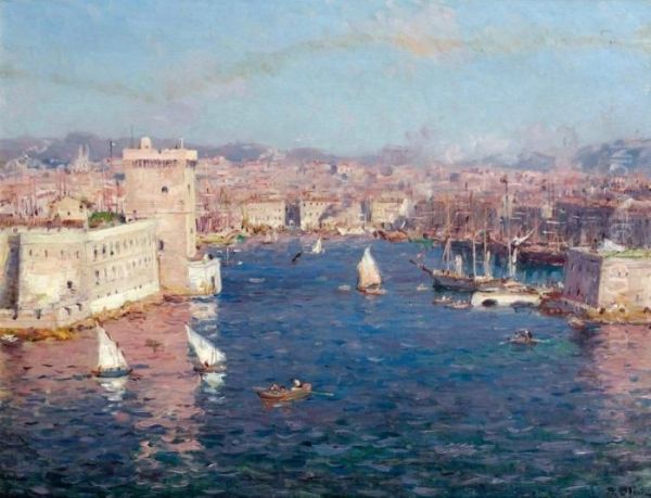 L'entree Du Port De Marseille Vu Des Jardins Du Pharo Oil Painting by Jean-Baptiste Olive