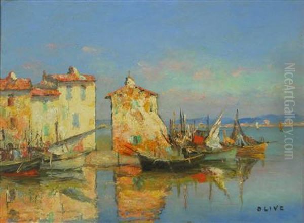 Mediterranean Moored Fishing Boats Oil Painting by Jean-Baptiste Olive