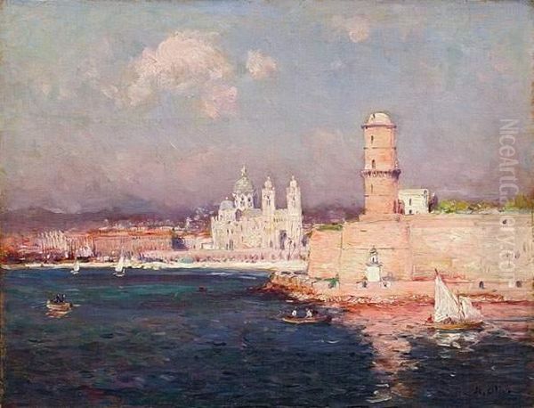 Voiliers A L'entree Du Port De Marseille Avec En Fond La Cathedrale De La Major. Oil Painting by Jean-Baptiste Olive