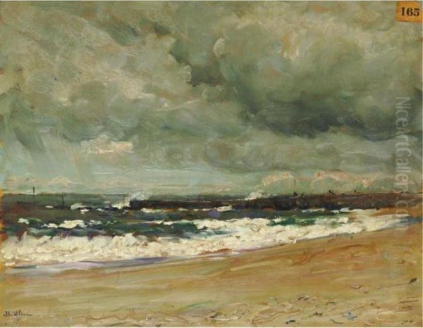 Storm Clouds Over A Jetty Oil Painting by Jean-Baptiste Olive