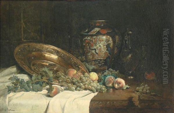 Nature Morte Au Plat D'offrande, A La Potiche Chinoise, Aux Raisins Et Aux Peches Oil Painting by Jean-Baptiste Olive