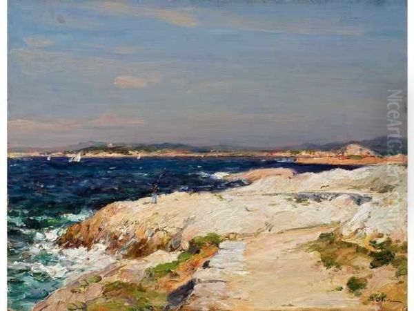 :pecheur En Bord De Cote Mediterraneenne Oil Painting by Jean-Baptiste Olive