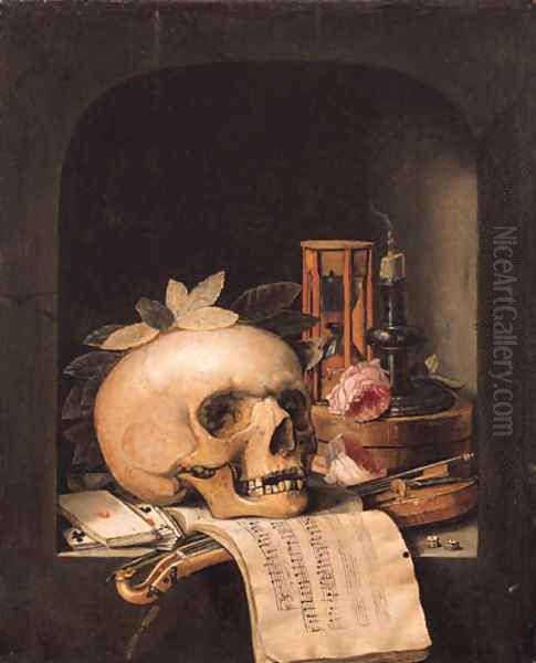 A vanitas still life with a wreathed skull Oil Painting by Simon Renard De Saint-Andre