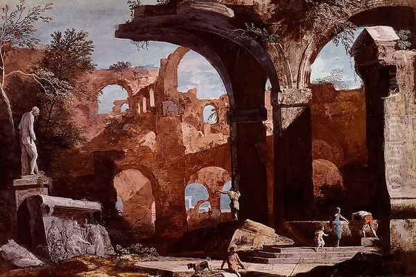 An Architectural Capriccio With Figures Investigating A Tomb Amongst Ruins Oil Painting by Marco Ricci