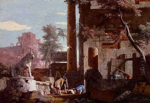 An Architectural Capriccio With Figures, A Man Drinking From A Fountain Oil Painting by Marco Ricci