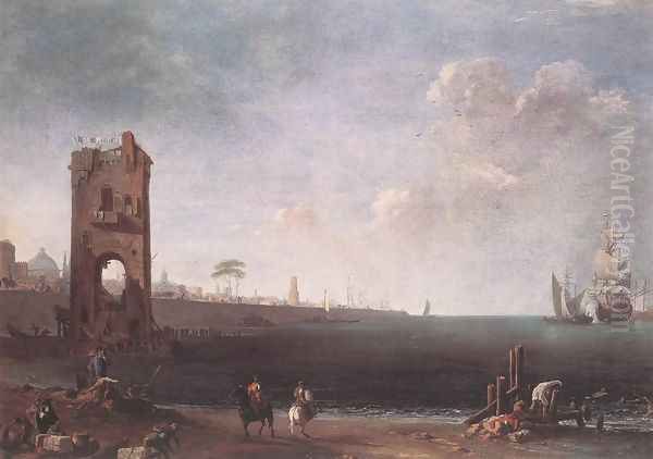 Coastal View with Tower 1715-20 Oil Painting by Marco Ricci