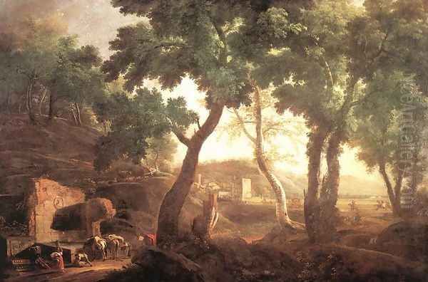 Landscape with Watering Horses c. 1720 Oil Painting by Marco Ricci