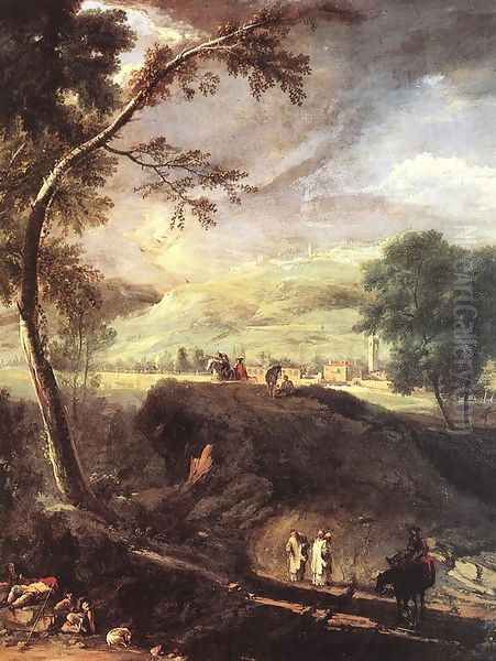 Landscape with River and Figures (detail) c. 1720 Oil Painting by Marco Ricci