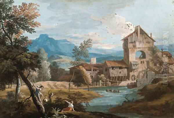 An extensive mountainous landscape with a mill by a stream Oil Painting by Marco Ricci