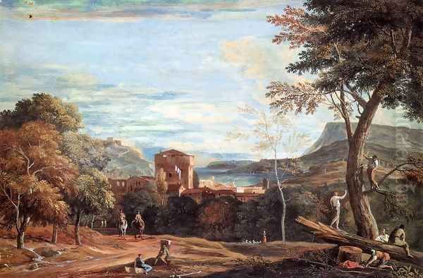 Landscape with Woodcutters and Two Horsemen Oil Painting by Marco Ricci