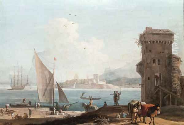 An extensive view of an port with a tower in the foreground, a fort beyond Oil Painting by Marco Ricci