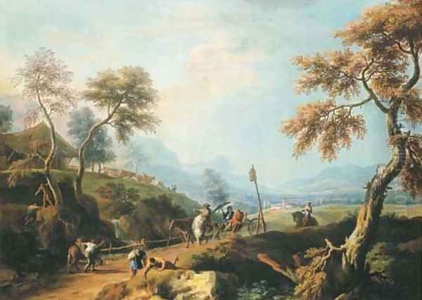 A wooded landscape, with gentlemen in a carriage on a road in the foreground, a valley beyond Oil Painting by Marco Ricci