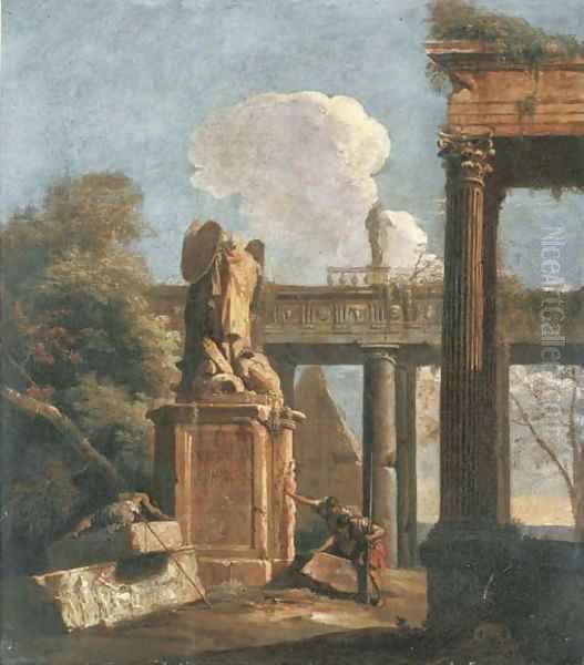 A capriccio of Roman ruins with soldiers beside the Statue of Marius Oil Painting by Marco Ricci