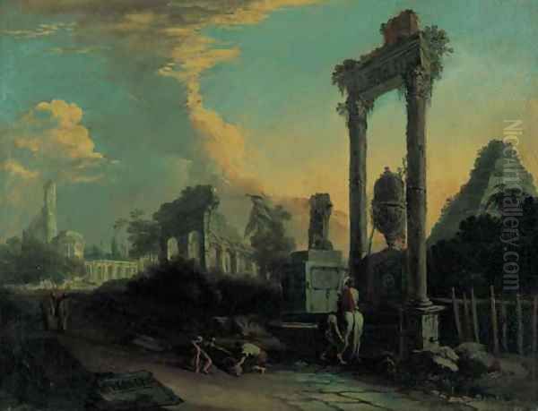 A traveller and peasants by a fountain amongst Roman ruins Oil Painting by Marco Ricci