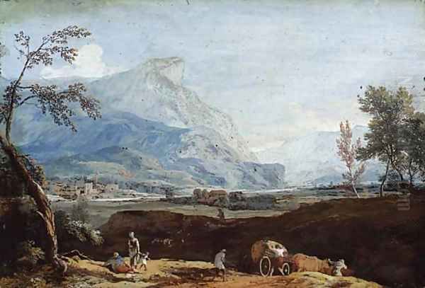 An extensive mountain landscape with peasants and a waggon Oil Painting by Marco Ricci