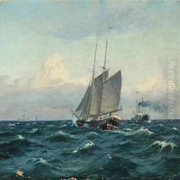 Seascape With Sailing And Motor Ships Oil Painting by Christian Benjamin Olsen