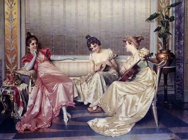 Elegant Figures In An Interior Oil Painting by Vittorio Reggianini