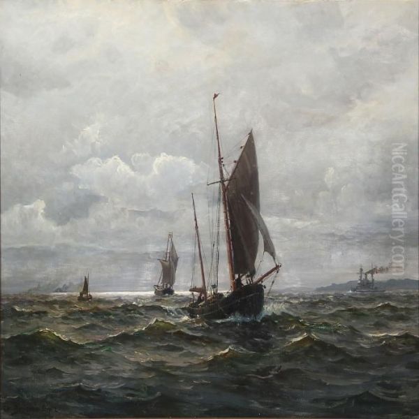 Seascape With Sailing Ships On The Sea Oil Painting by Christian Benjamin Olsen