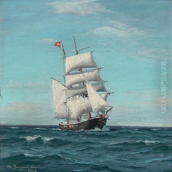 Seascape With A Brig On Open Sea Oil Painting by Christian Benjamin Olsen