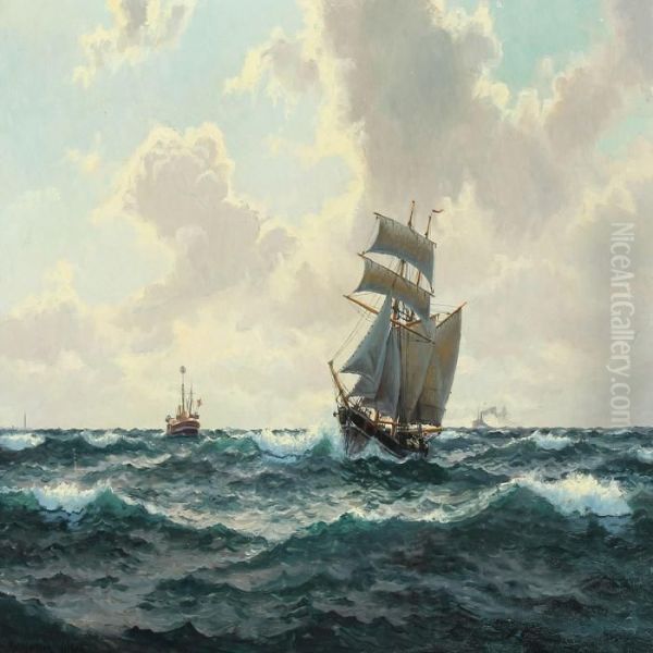 Ships At Sea By A Lightship Oil Painting by Christian Benjamin Olsen